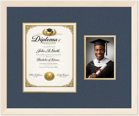 CountryArtHouse Fits 8.5 x 11 Certificate (Portrait) and 5 x 7 Photo Diploma and Photo Frame Coastal Whitewash Genuine Hardwood with Navy Blue Over Metallic Gold Double mat