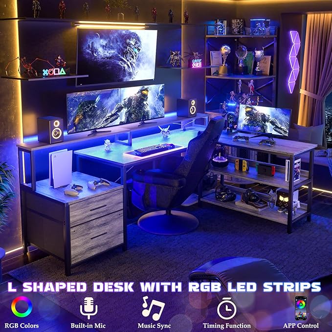 Aheaplus L Shaped Desk with File Drawer, 66" Reversible L Shaped Computer Desk with Power Outlet & LED Strip, Gaming Desks with Monitor Stand, Office Desk Corner Desk with Storage Shelf, White Oak