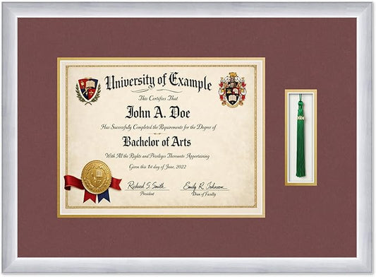 CountryArtHouse Diploma and Tassel Frame Fits 13 x 10 College Diploma (Traditional) with Stainless Silver Genuine Hardwood Shadowbox with Dark Red Over Metallic Gold Double mat