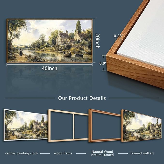 ERQINHUA Wood Framed Wall Art For Living Room Large Canvas Wall Decor For Bedroom Vintage Watercolour Painting Office Home Decoration Countryside Scenery Wall Picture Artwork Ready To Hang 20x40 In