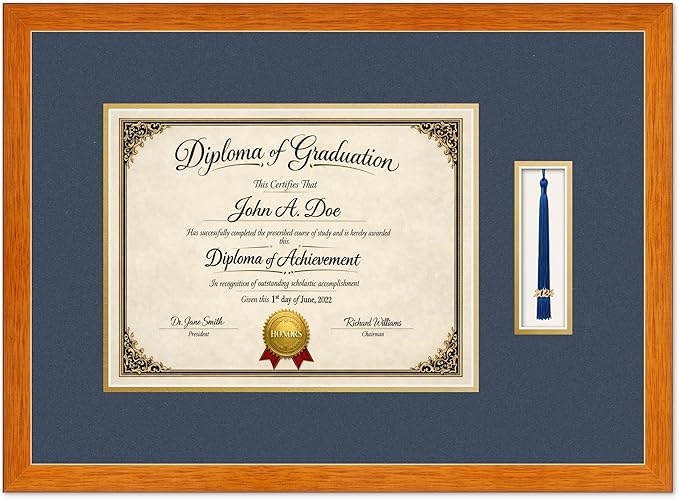 Diploma Frame with Tassel Holder Honey Oak Shadowbox Navy Blue Over Gold Mat - Fits 13 x 10 Degree Made in the USA