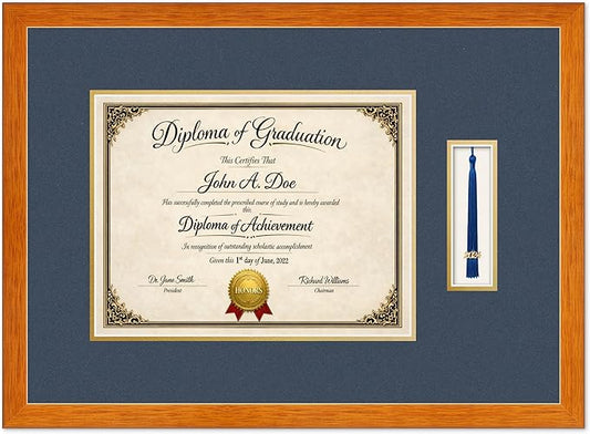 Diploma Frame with Tassel Holder Honey Oak Shadowbox Navy Blue Over Gold Mat - Fits 13 x 10 Degree Made in the USA