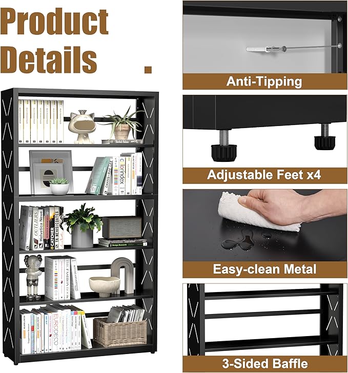 5 Tier Bookshelf, 55"Tall Metal Bookcase with Adjustable Shelves, Modern Display Book Shelf, Black Bookcase Shelf, Utility Shelf, Storage Shelves for Office, Living Room, Kitchen, Study-31"W