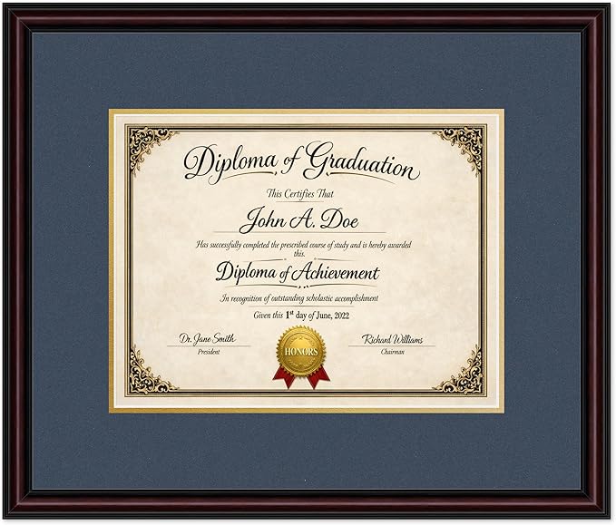 Diploma Frame Executive Brown with Navy Blue Over Gold Double Mat - Fits 13 x 10 College Diploma (Traditional) Wall Display Made in the USA