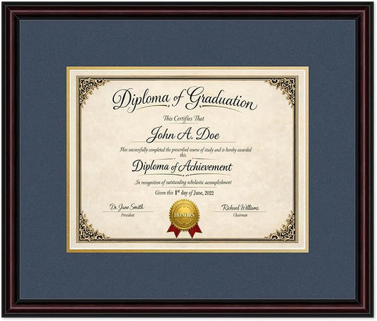 Diploma Frame Executive Brown with Navy Blue Over Gold Double Mat - Fits 13 x 10 College Diploma (Traditional) Wall Display Made in the USA
