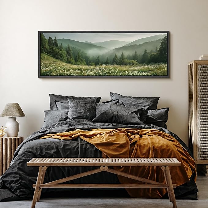 SIGNFORD Large Framed Canvas Print Wall Art Misty Green Valley Meadow Landscape Illustrations Modern Art Calm Warm for Living Room, Bedroom, Office - 60"x20"