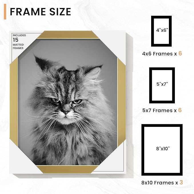 15 Pack Picture Frames Collage Wall Decor, Gallery Frame Set for Wall Mounting or Tabletop Display, Multi Sizes Including 3pcs 8x10, 6pcs 5x7, 6pcs 4x6, Gold