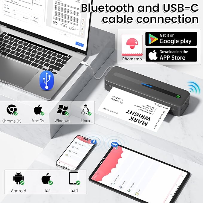 Portable Printer, 300DPI Wireless Bluetooth Thermal Printers, Support Multi-Size Thermal Paper, Compatible with iOS, Android & PC, Inkless Mobile Printer for Travel, Office, School, Gray