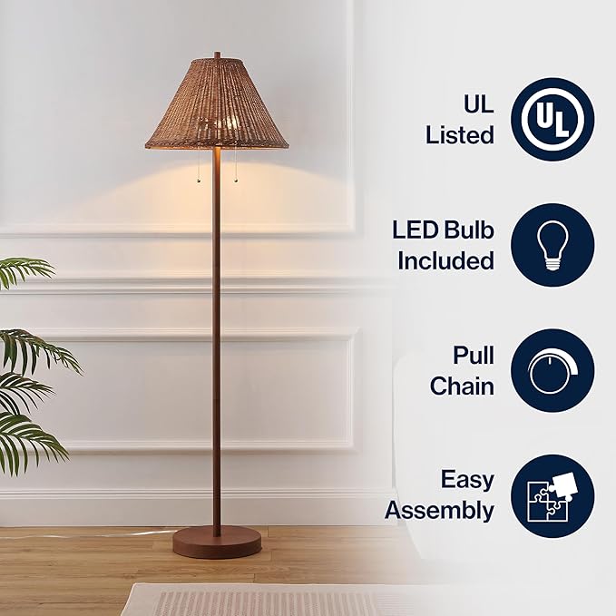 JONATHAN Y 61" Dark Brown Wood Finish 2-Light Coastal Bohemian LED Floor Lamp for Living Room, Brown Rattan Shade, Mid-Century Modern Tall Standing Lamp, Pull-Chain, LED Bulbs Included (JYL3092C)