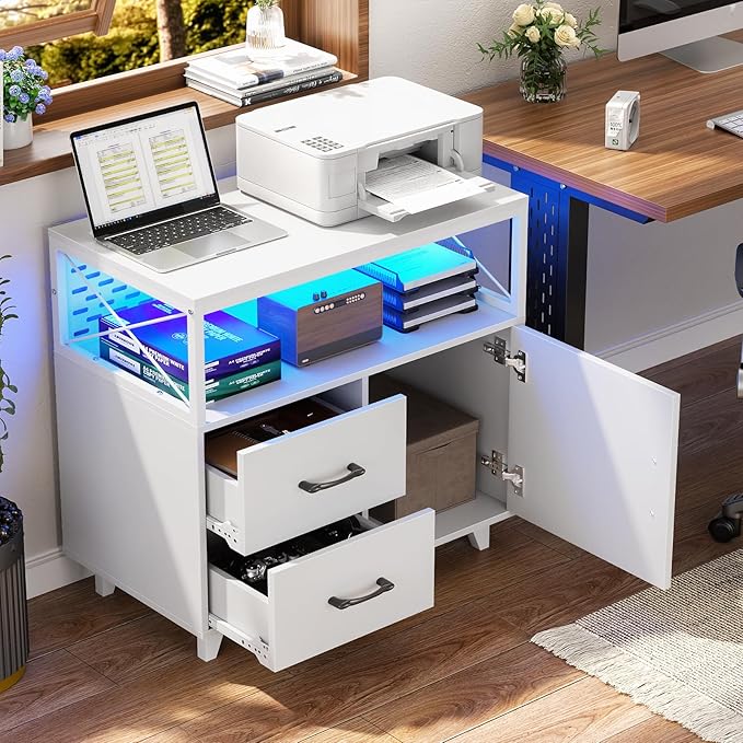 Homieasy Lateral File Cabinet with LED Light, Office Filing Cabinets with 2 Drawers and 1 Door Cabinet, Desk Side Printer Stand with Storage for Office Supplies, White