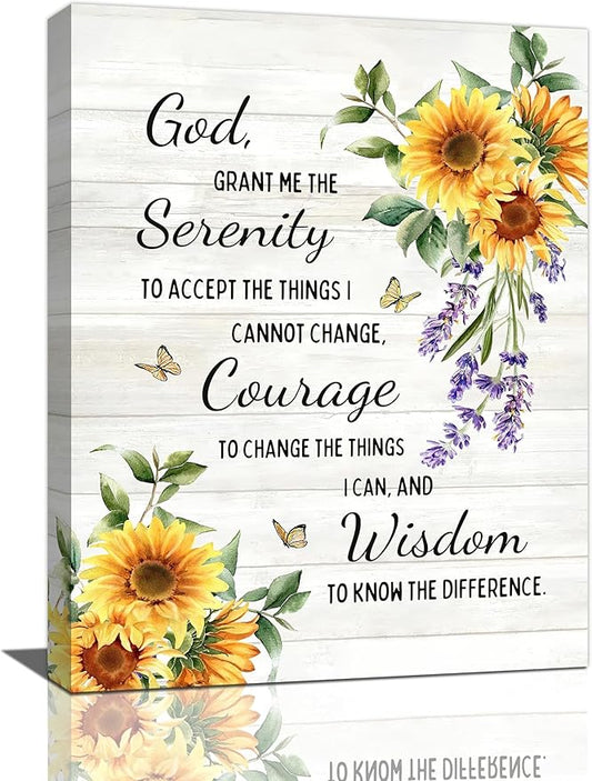 Serenity Prayer Wall Decor Christian Religious Sunflower Pictures Inspirational Bible Verses Scripture Canvas Wall Art God Painting Home Modern Artwork Framed for Living Room Bedroom Office 12x16inch