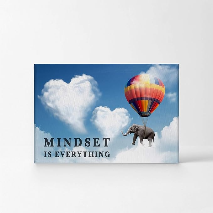 Smile Art Design Mindset is Everything Quote Elephant with Balloon Blue Sky Motivational Wall Art Canvas Print Inspirational Wall Art Entrepreneur Quote Office Decor Artwork Gift Ready to Hang 11x17