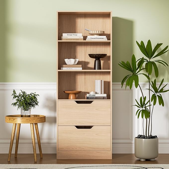 Bookcase with 2 Drawers, 63" 3-Tier Bookshelf with Storage, 3 Shelf Bookshelf with Adjustable Shelf, Modern Bookshelf, Open Shelves Bookcase for Study, Bedroom & Home Office, Oak