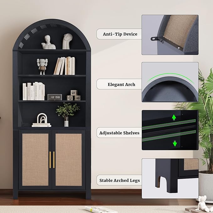 71" Tall Arched Bookcase with Storage, Mid-Century Modern 6-Tier Arch Cabinet with Door, Arched Bookshelf Cabinet with Open Display Storage Shelf for Office Living Room (Black)