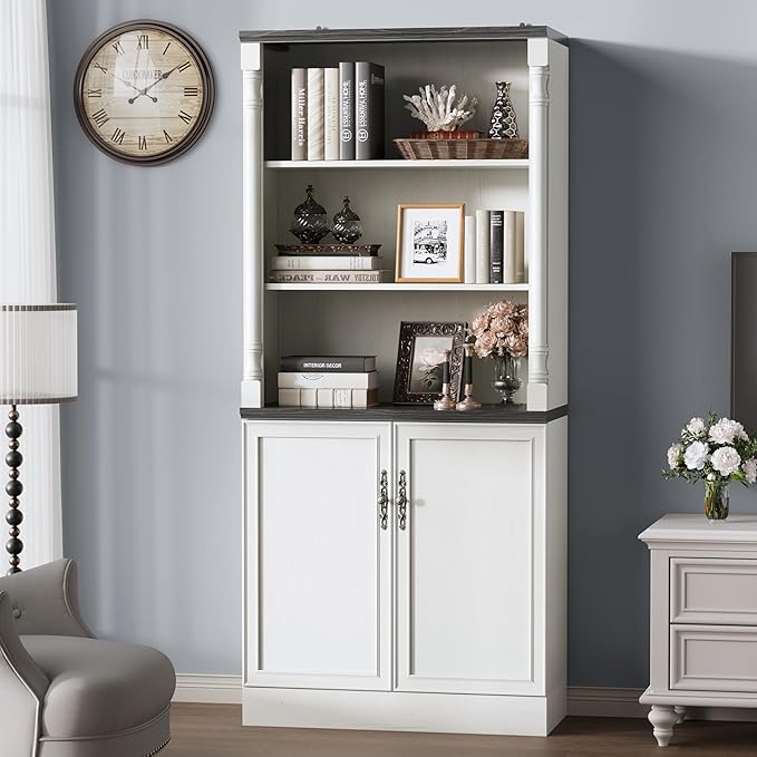 71'' Tall Bookshelf with Doors, Bookcase Storage Cabinets with 5-Tier & Adjustable Shelves, Wooden Deep Book Shelf Kitchen Pantry for Living Room, Office, Bathroom, Antique White