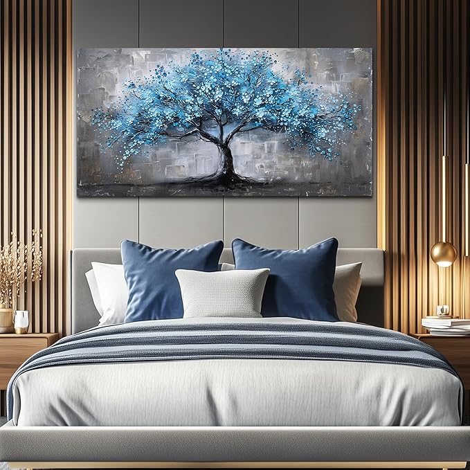 FUHAIHUA Canvas Wall Art For Living Room Wall Decor For Bedroom Office Decortions Black And White Wall Paintings Blue Trees Pictures Framed Mural Aesthetic Home Decor Posters Artwork 20x40 In