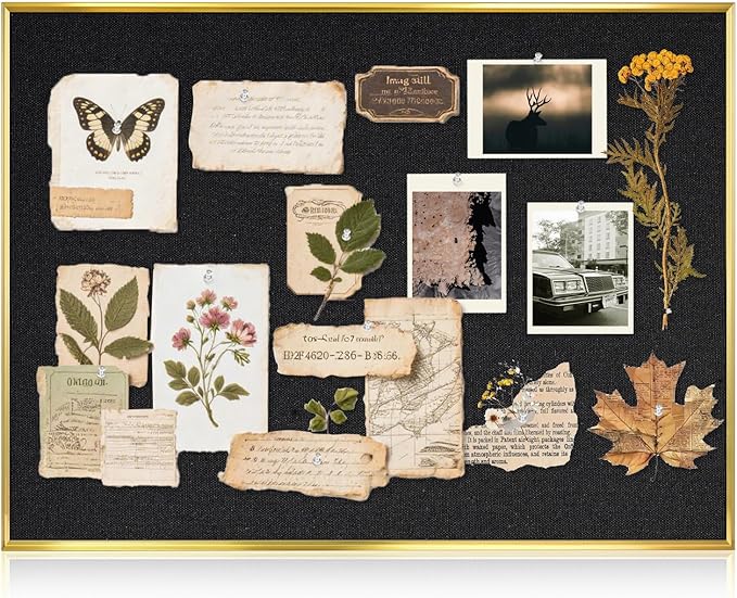 Black Bulletin Board with Linen, 24"x18", Cork Boards for Walls with Gold Aluminum Frame, Hanging Pin Board Vision Board for Home Office Kitchen Room Decor, 10 Push Pins