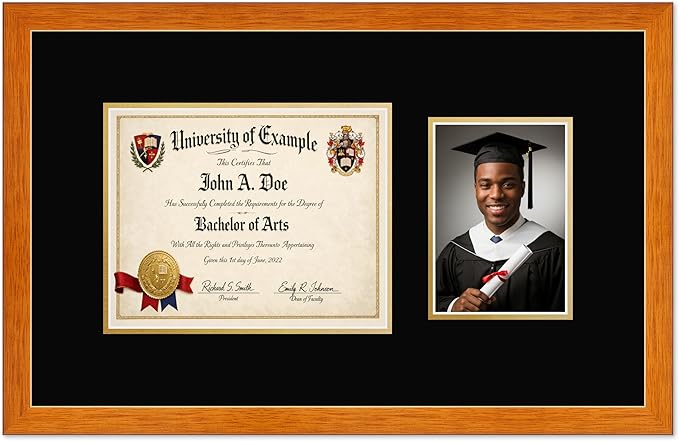 CountryArtHouse Fits 10 x 8 Professional License and 5 x 7 Photo Diploma and Photo Frame Honey Oak Genuine Hardwood with Black Over Metallic Gold Double mat