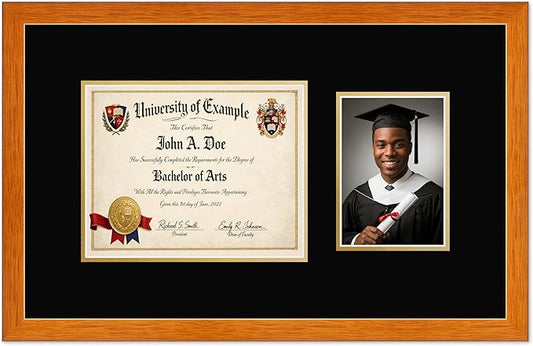 CountryArtHouse Fits 10 x 8 Professional License and 5 x 7 Photo Diploma and Photo Frame Honey Oak Genuine Hardwood with Black Over Metallic Gold Double mat