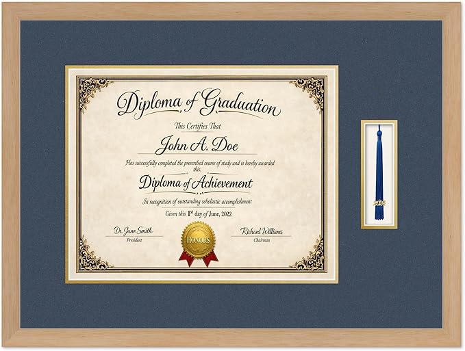 Diploma Frame with Tassel Holder Natural Wood Shadowbox Navy Blue Over Gold Mat - Fits 15 x 12 Degree Made in the USA