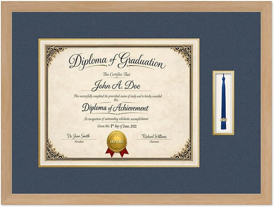 Diploma Frame with Tassel Holder Natural Wood Shadowbox Navy Blue Over Gold Mat - Fits 15 x 12 Degree Made in the USA