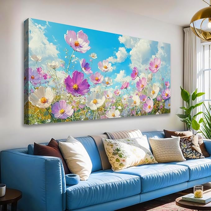 JLXART Canvas Wall Art Floral Wildflower Meadow Painting Purple and White Cosmos Flowers Picture Prints Summer Meadow Landscape Living Room Bedroom Decor 20 x 40 inches