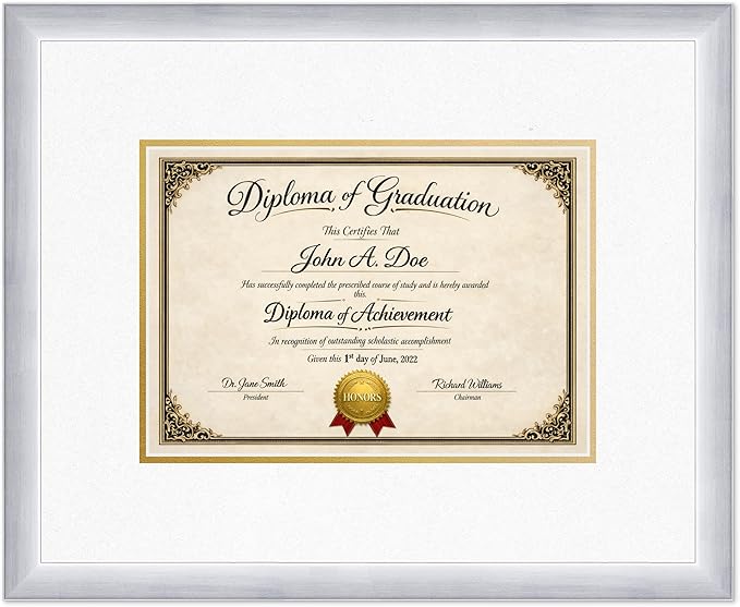 Diploma Frame Stainless Silver with Oyster Shell Over Gold Double Mat - Fits 11.69 x 8.27 A4 Certificate Wall Display Made in the USA