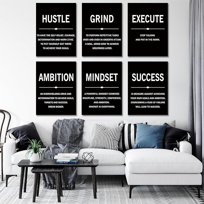 COSCTOR Set of 6 Grind Hustle Execute Motivational Wall Art Picture Decor Canvas Framed for Office Workplace Gym Garage Inspirational Home Posters Ready to Hang(Framed,20x30)