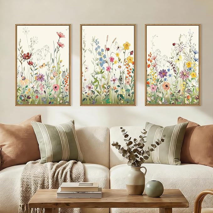 Aryroi Large Colorful Wildflower Framed Canvas Wall Art Set,Vintage Spring Flowers Green Leaf Decor,Watercolor Daisy Floral Botanical Artwork for Living Room, Bedroom,Office- 16"x24"x3