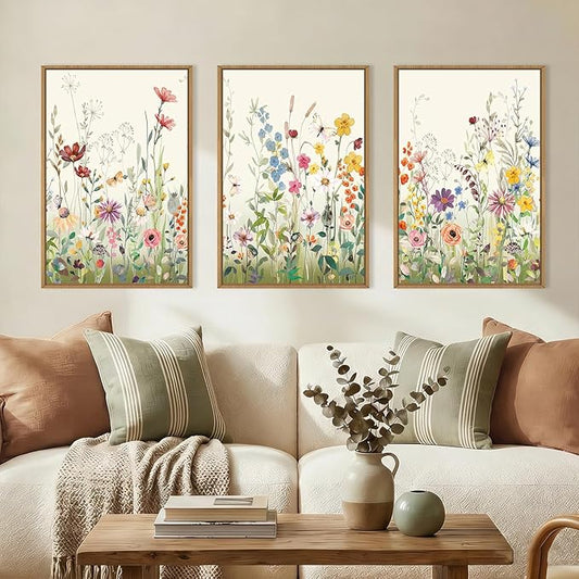 Aryroi Large Colorful Wildflower Framed Canvas Wall Art Set,Vintage Spring Flowers Green Leaf Decor,Watercolor Daisy Floral Botanical Artwork for Living Room, Bedroom,Office- 16"x24"x3