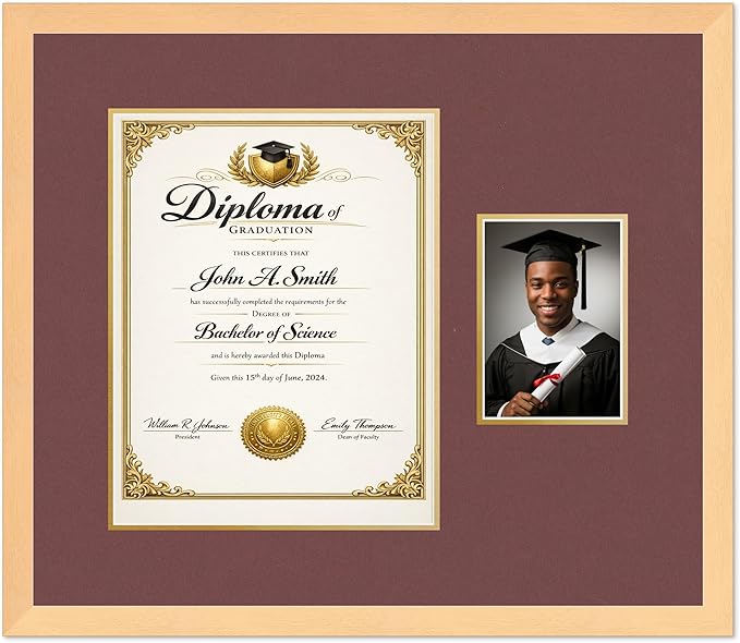 CountryArtHouse Fits 11 x 14 College Diploma (Portrait) and 5 x 7 Photo Diploma and Photo Frame Natural Wood Genuine Hardwood with Dark Red Over Metallic Gold Double mat