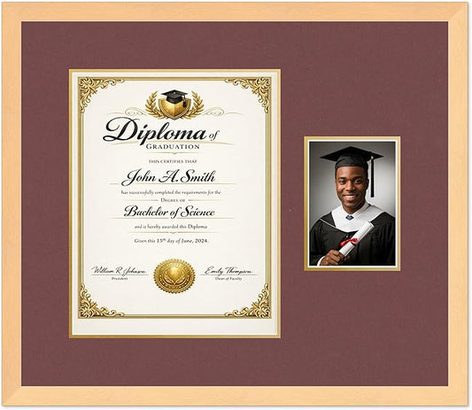 CountryArtHouse Fits 11 x 14 College Diploma (Portrait) and 5 x 7 Photo Diploma and Photo Frame Natural Wood Genuine Hardwood with Dark Red Over Metallic Gold Double mat