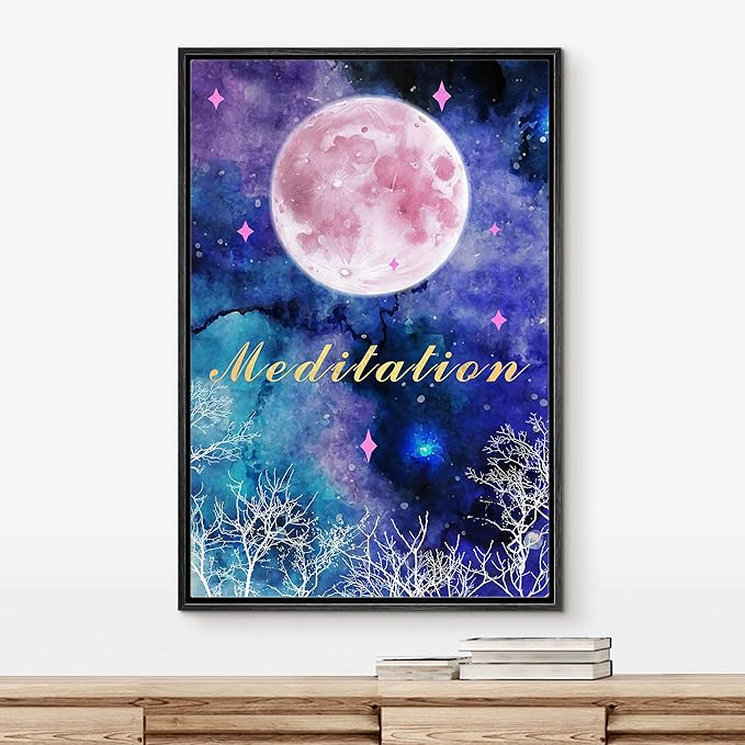IDEA4WALL Framed Canvas Print Wall Art Meditation Watercolor Galaxy with Pink Moon Astronomy & Space Sky Illustrations Modern Art Glam Colorful for Living Room, Bedroom, Office - 16"x24" BLACK