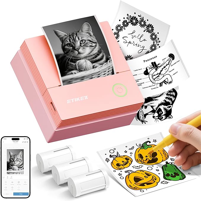 Sticker Printer, PM290C Thermal Mini Printer, Bluetooth Print Pod with 3 Rolls of Paper, Portable Print Pods for Phone & Tablet, Sticker Maker Machine for Notes, Photos, Journal, Rose Pink