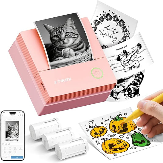 Sticker Printer, PM290C Thermal Mini Printer, Bluetooth Print Pod with 3 Rolls of Paper, Portable Print Pods for Phone & Tablet, Sticker Maker Machine for Notes, Photos, Journal, Rose Pink