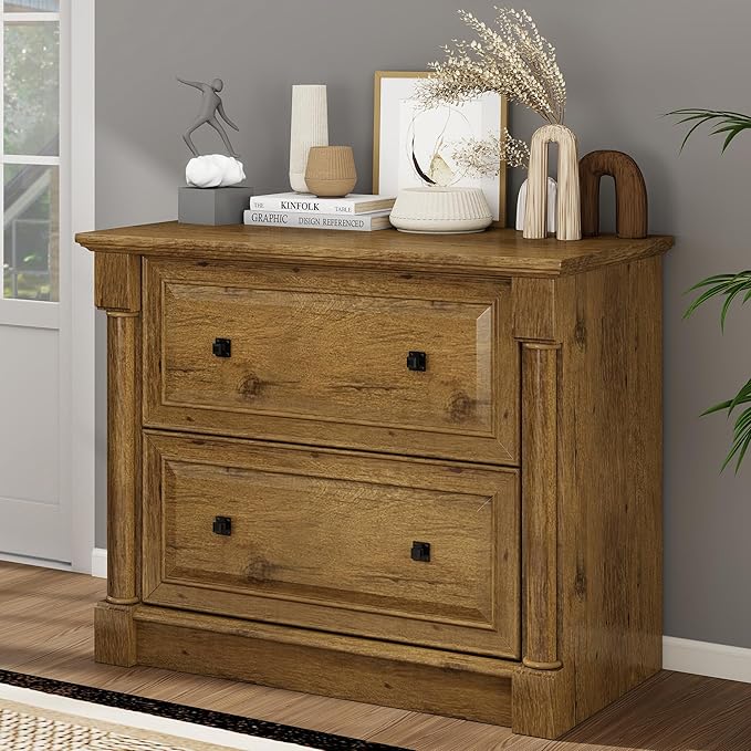 2-Drawer Roman Column File Cabinet, 36.8″ Wide Lateral File Cabinet with Hanging Folders, Fits Letter Legal A4 Sizes, Elegant Classic Design for Home Office Boss Room or Printer Stand, Vintage Oak