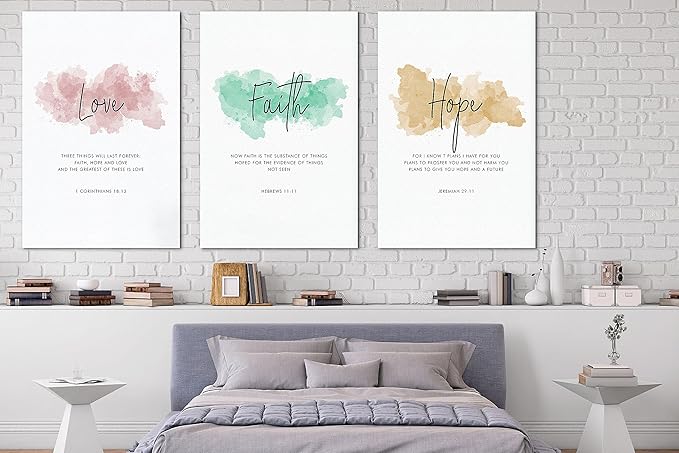 SHMAO Bible Canvas Wall Art Motivational Wall Decor, 3 Piece Love Faith Hope Canvas Print Pictures for Office Wall Decor Women Inspirational Framed Artwork Home Office Decor 24”x36”x3 Panels