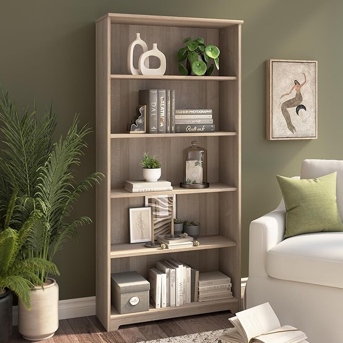 Bush Home Tall 5 Shelf Bookcase, Large Open Bookshelf, Sturdy Display Cabinet for Living Room or Home Office, Cabot Collection, Ash Gray