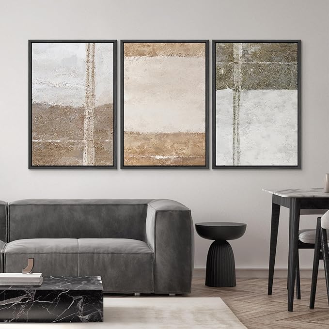 SIGNWIN Framed Canvas Print Wall Art Set Grunge Gray Brown Pastel Landscape Abstract Shapes Illustrations Modern Art Geometric Zen Mid-Century for Living Room, Bedroom, Office - 16"x24"x3 Black