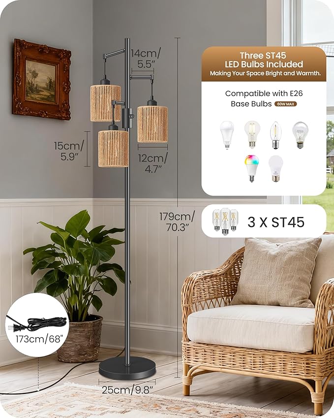 Dimmable Floor Lamp, Farmhouse Tall Standing 70.3" Tree Lamp with 3 Rope Woven Lampshades, Boho Rattan Floor Lights, 4W 3 LED Bulbs Included, for Living Room, Bedroom, Study, Office AB03LD05