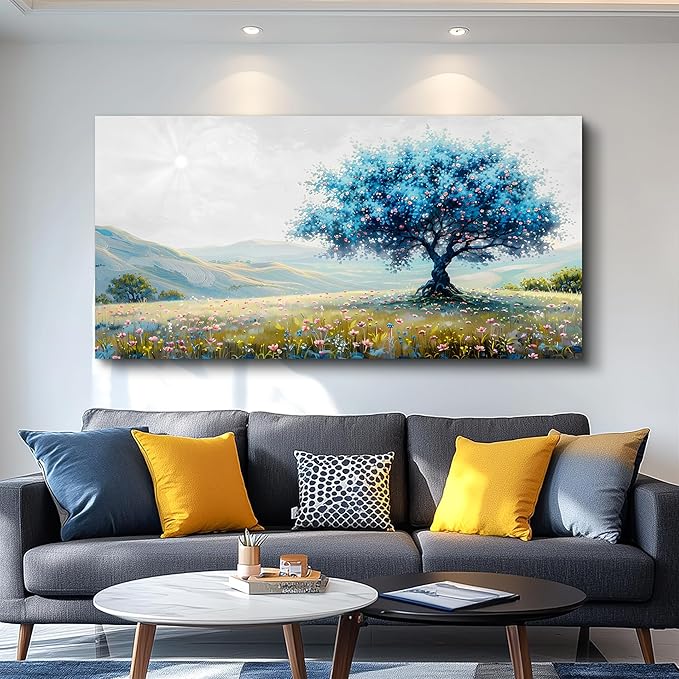 FUHAIHUA Canvas Wall Art For Living Room Large Wall Decor For Office Bedroom Decorations Pastoral Landscape Pictures Blue Tree Painting Artwork Modern Room Wall Mural Aesthetic Home Decor 30x60 In