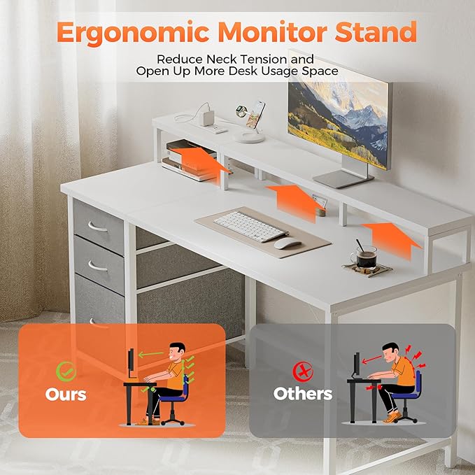Mericonia Computer Desk 63 inch with Power Outlets & LED Lights, Gaming Desk with 3 Drawers for Home Office, Small Desk with Monitor Stand for Small Spaces, Study Writing Desk