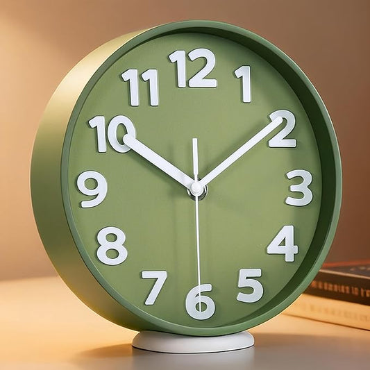 45MinST 8-Inch Green Modern Wall Clock – Silent Non-Ticking, 3D Large Numbers, Accurate Timekeeping | Decorative Wall & Desk Clock with Stand for Living Room, Bedroom, Kitchen, or Office