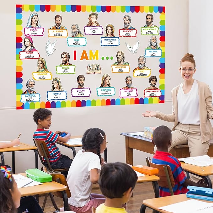 gisgfim Religious Bulletin Board Decorations Set I Am Bible Characters Classroom Decor Christian Paper Cutouts VBS Vacation Church Bulletin Board for Sunday School Home Chalkboard Wall