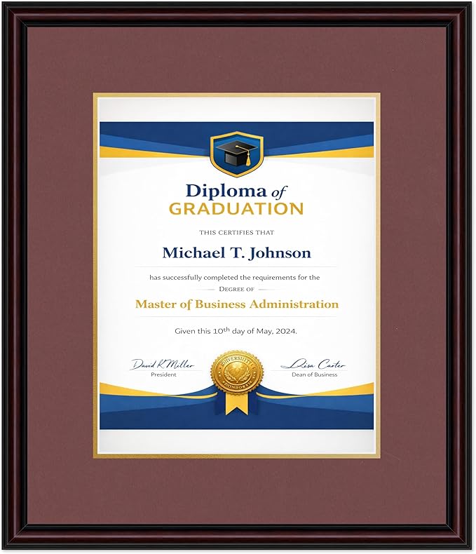 Diploma Frame Executive Brown with Dark Red Over Gold Double Mat - Fits 11 x 14 College Diploma (Portrait) Wall Display Made in the USA