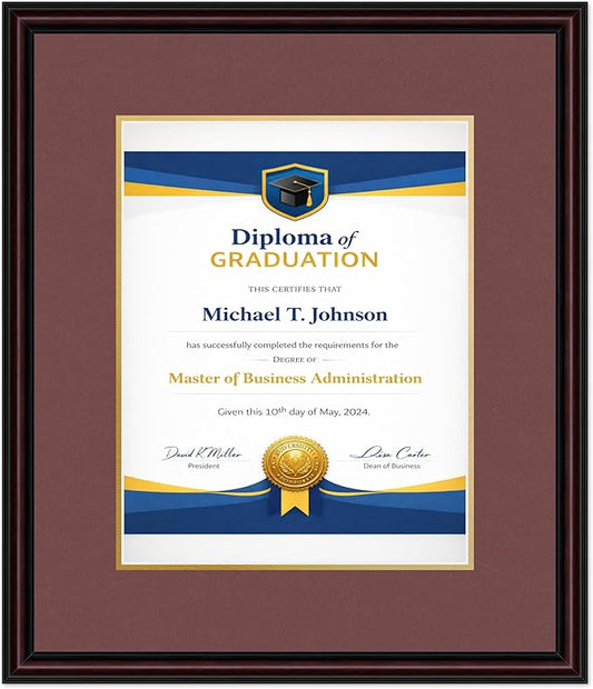 Diploma Frame Executive Brown with Dark Red Over Gold Double Mat - Fits 11 x 14 College Diploma (Portrait) Wall Display Made in the USA