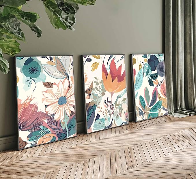 3 Pcs Boho Wild Flowers Canvas Wall Art Neutral Watercolor Boho Abstract Floral Botanical Painting Picture Wall Decor Poster Print Artwork for Living Room Bedroom Home Decoration Unframed