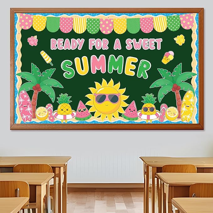 Summer Bulletin Board Decoration Set Beach Bulletin Board Decorations Summertime Hawaiian Paper Cutouts kit Sweet Summer Tropical Theme Decor for School Classroom Home Office Chalkboard Wall Door