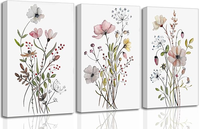 3Pcs Watercolor Wildflower Canvas Wall Art Modern Minimalist Colorful Botanical Floral Painting Pictures Wall Decor Flower Posters Print Artwork for Living Room Bedroom Home Decoration