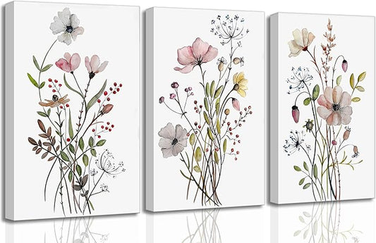 3Pcs Watercolor Wildflower Canvas Wall Art Modern Minimalist Colorful Botanical Floral Painting Pictures Wall Decor Flower Posters Print Artwork for Living Room Bedroom Home Decoration
